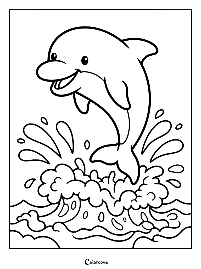 A cheerful dolphin leaping out of ocean waves in this printable coloring page.
