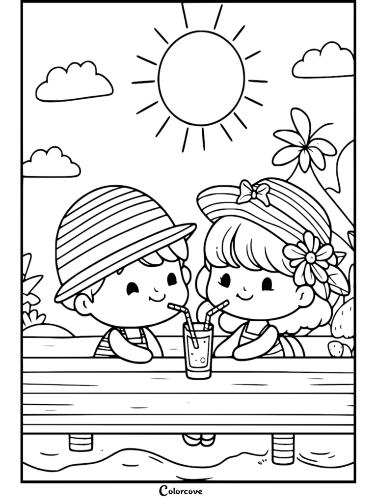 A cute coloring page featuring a boy and girl wearing sun hats sitting at a wooden table on a pier, sharing a glass of juice under a bright summer sun.