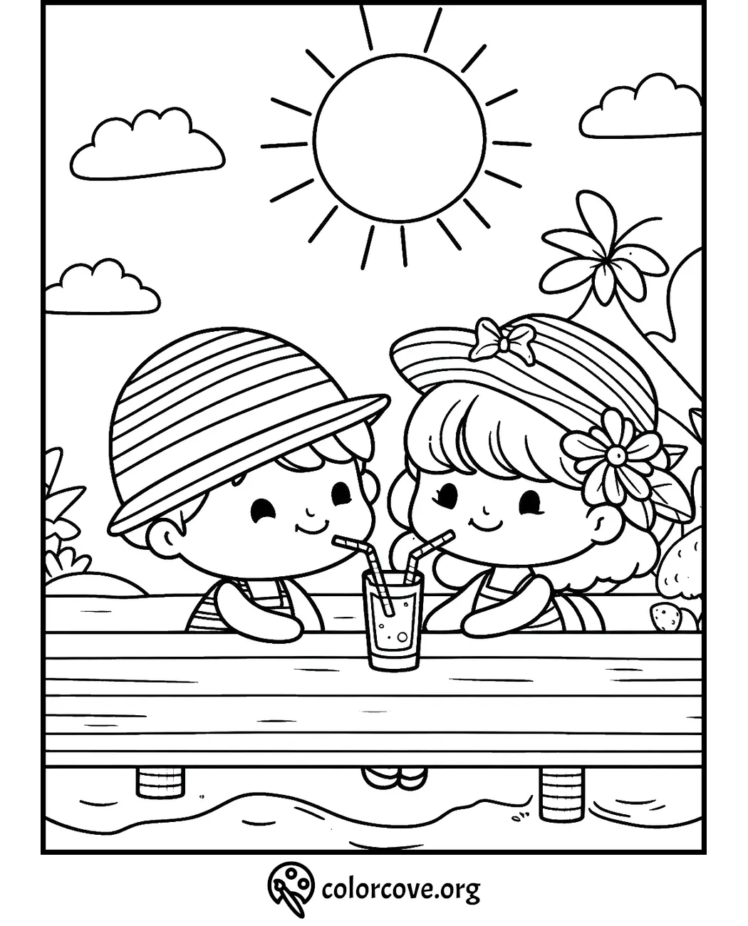 Kids drinking juice under the sun coloring page. Fun, summer-themed activity for children at colorcove.org. Print and color now!