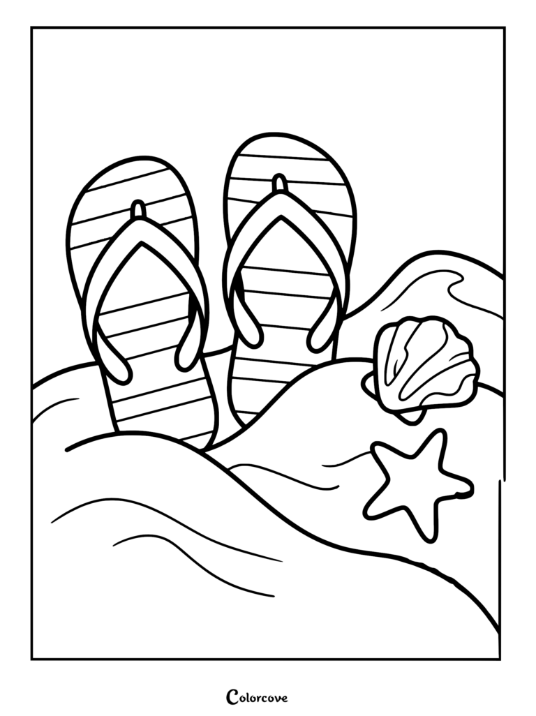 A printable coloring page featuring a pair of striped flip flops resting in the sand next to a seashell and a starfish.