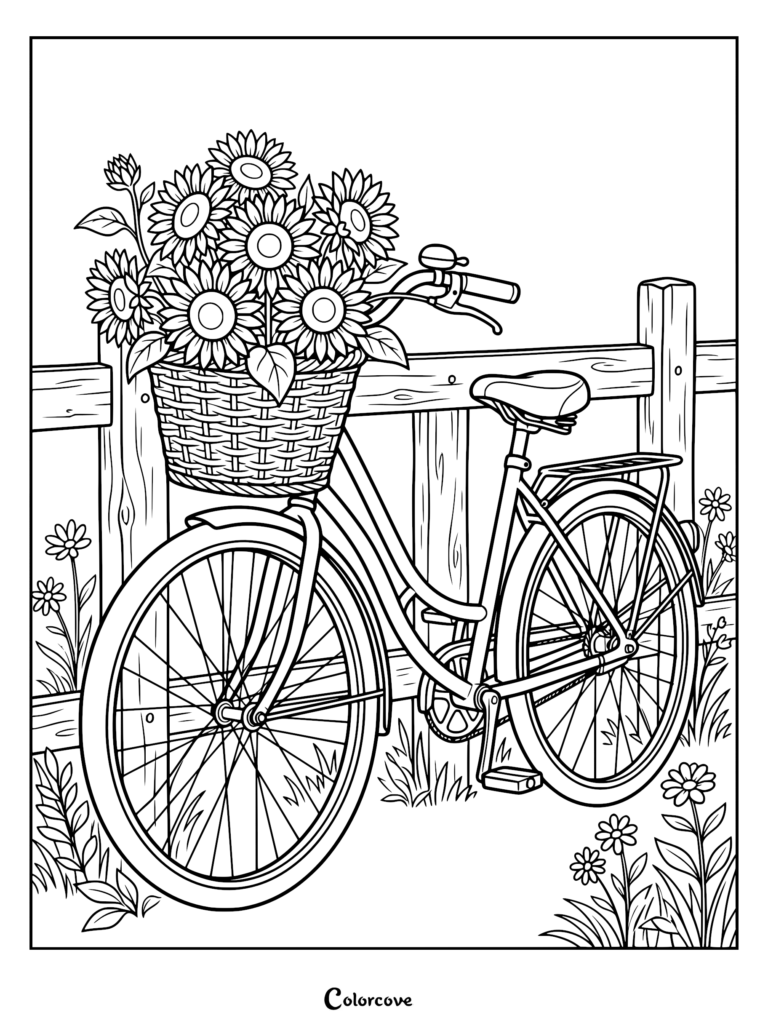 A vintage bicycle with a wicker basket full of sunflowers parked against a wooden fence, printable coloring page.