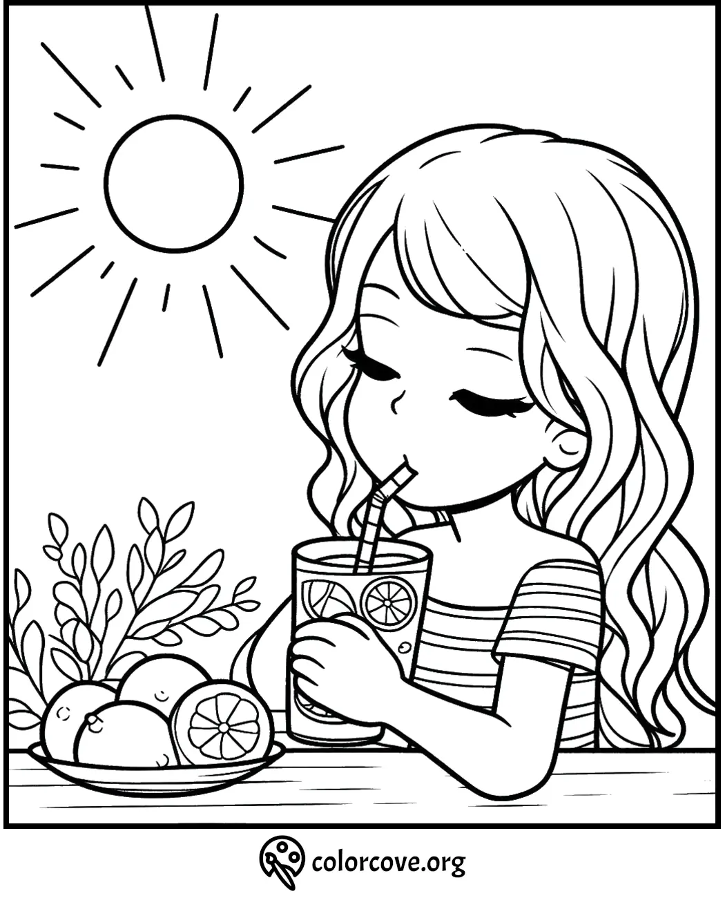 Coloring page of a girl drinking lemonade under the sun, surrounded by citrus fruits and leaves.