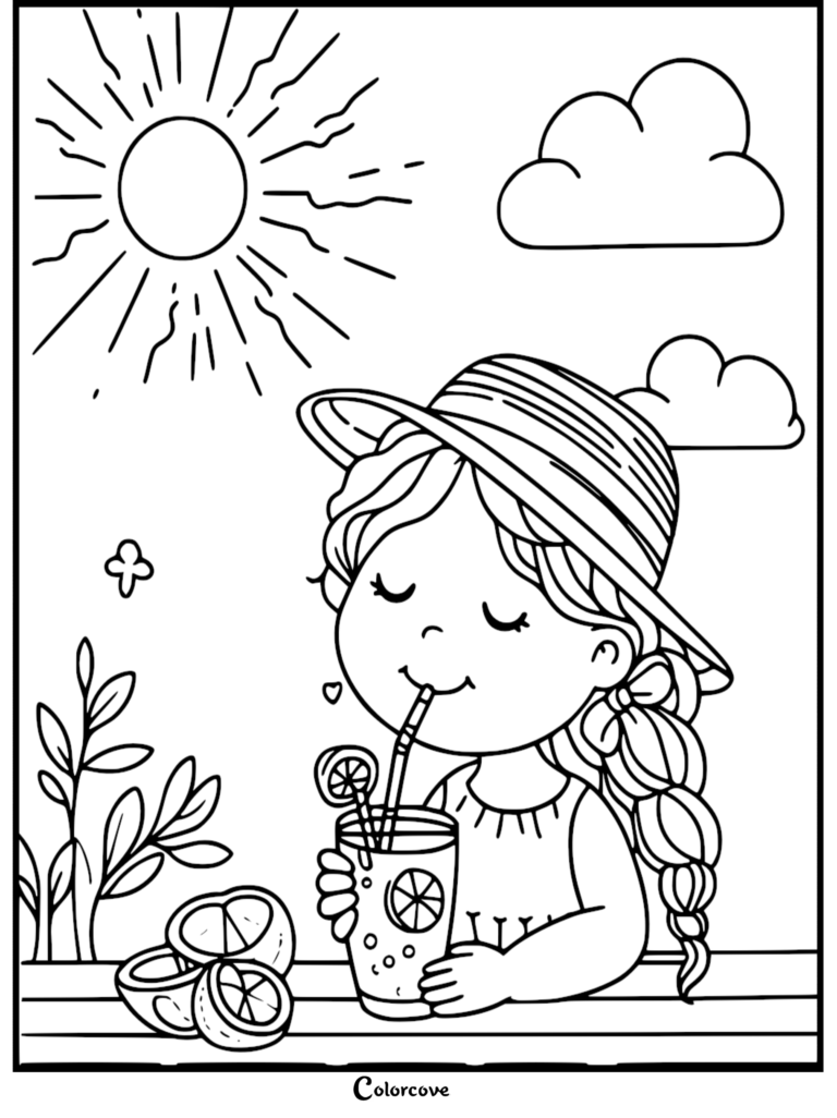 A girl with a braided ponytail wearing a sun hat drinking lemonade from a glass with a straw, coloring page style line art with a bright sun and clouds in the background.