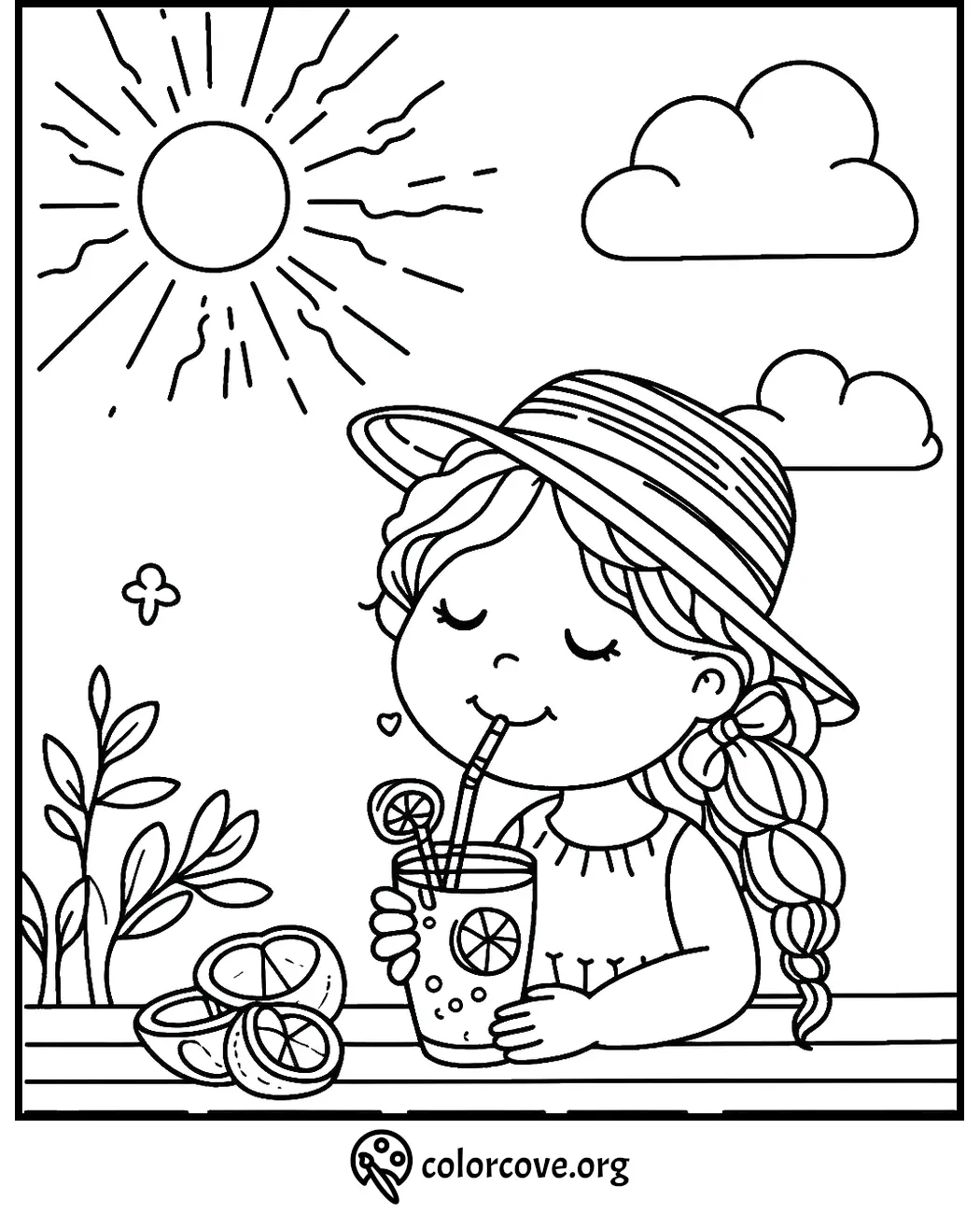 Girl with a hat drinking lemonade with a straw on a sunny day coloring page by colorcove.org.