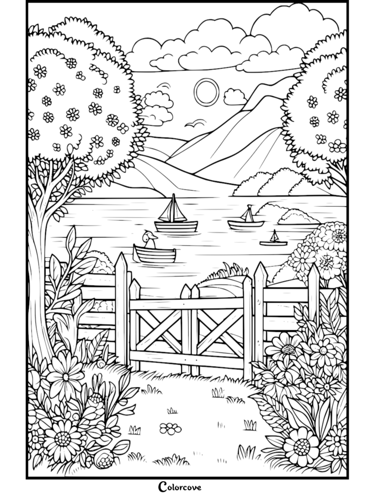 A summer coloring page featuring a wooden gate leading to a lake with sailboats, mountains, and blooming flowers.