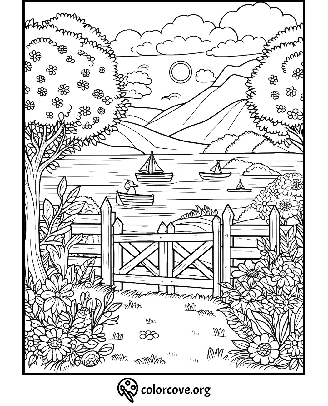 Coloring page of a scenic lakeside view with sailboats, mountains, flowers, trees, and a wooden gate in the foreground.