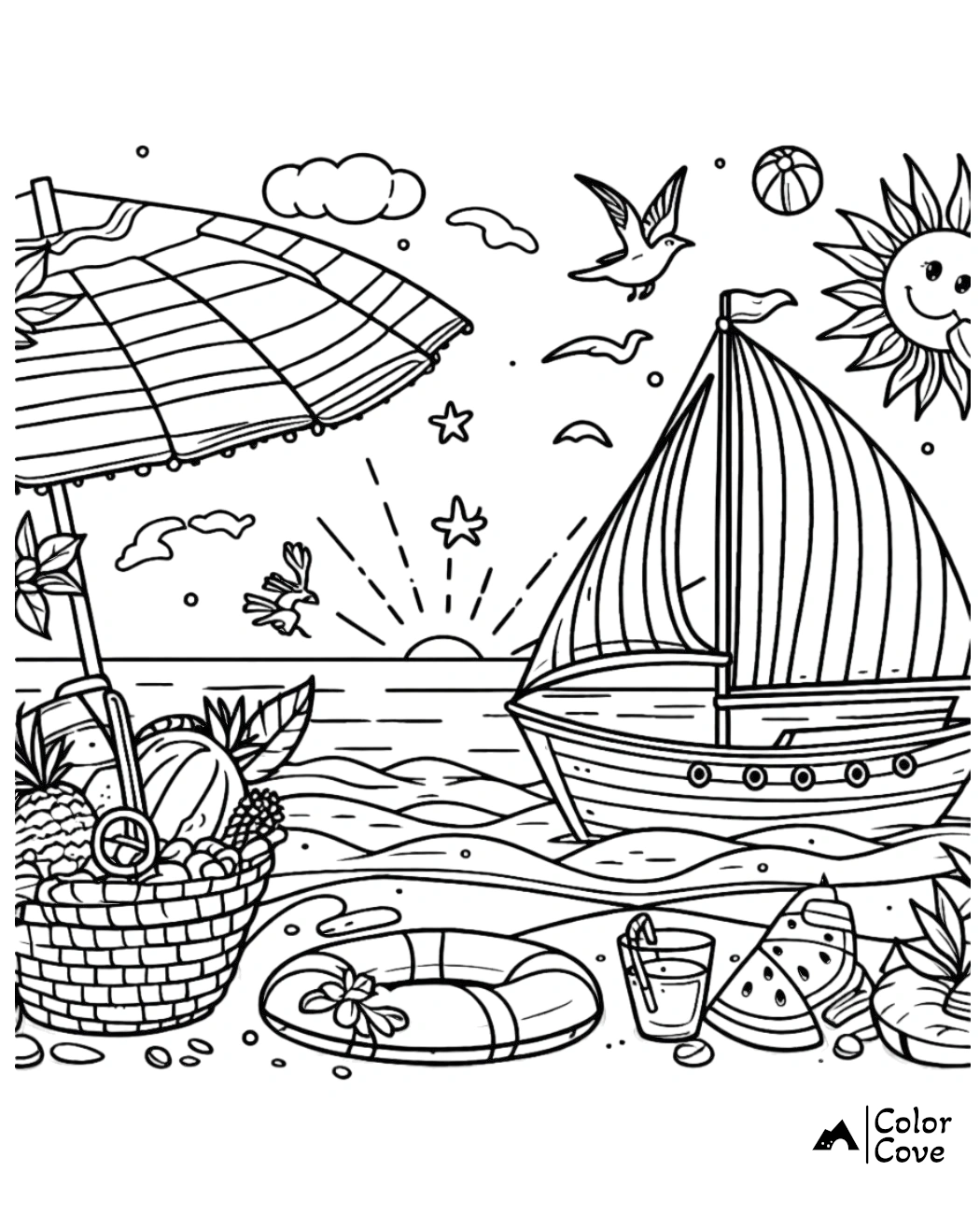 Coloring page featuring a beach scene with sailboat, umbrella, palm trees, and summer items like fruit, lifebuoy, and a drink.