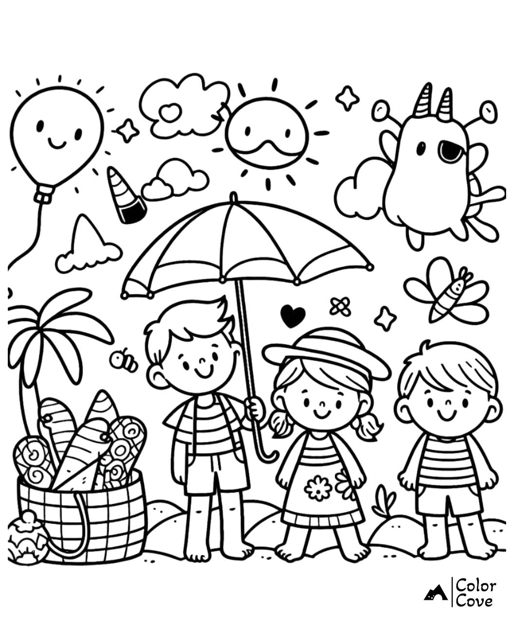 Children's beach day coloring page with kids, umbrella, basket, and cute doodles of sun, clouds, and animals. Fun summer activity.