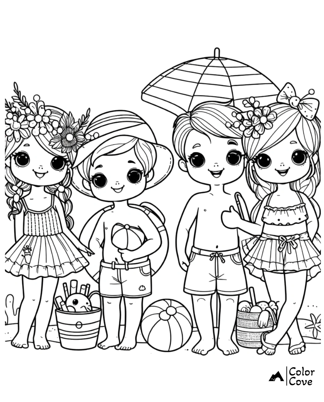 Four cute children at the beach with toys and gear, ready for a fun day under the sun. Coloring page by Color Cove.