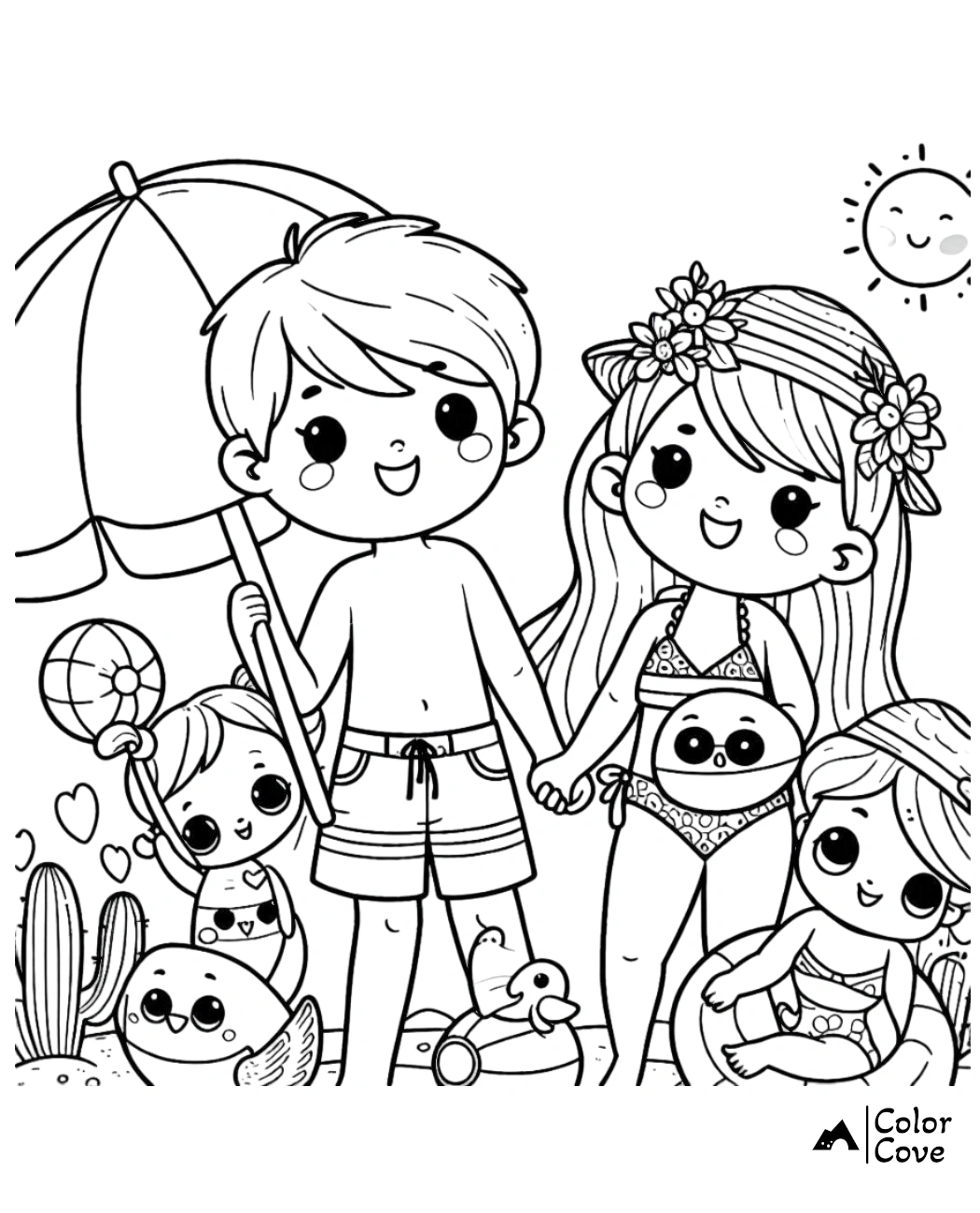 Coloring page of a happy kid couple holding hands at the beach with friends, playful sea animals, and a sunny sky.