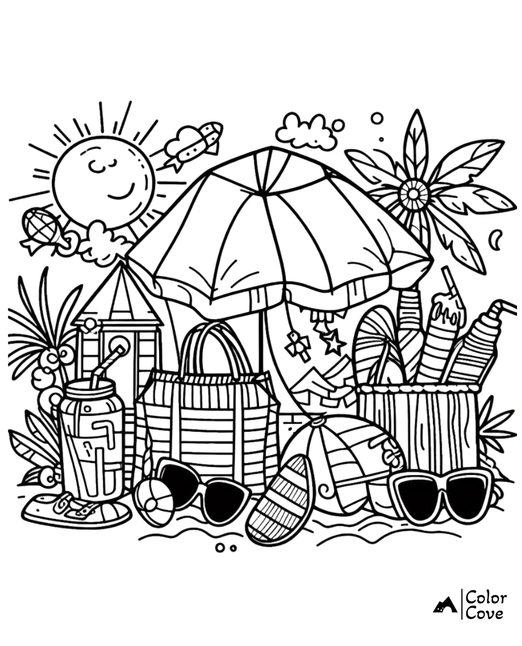 Summer beach coloring page with umbrella, sunglasses, sun, flowers, and beach accessories. Perfect for kids to color!