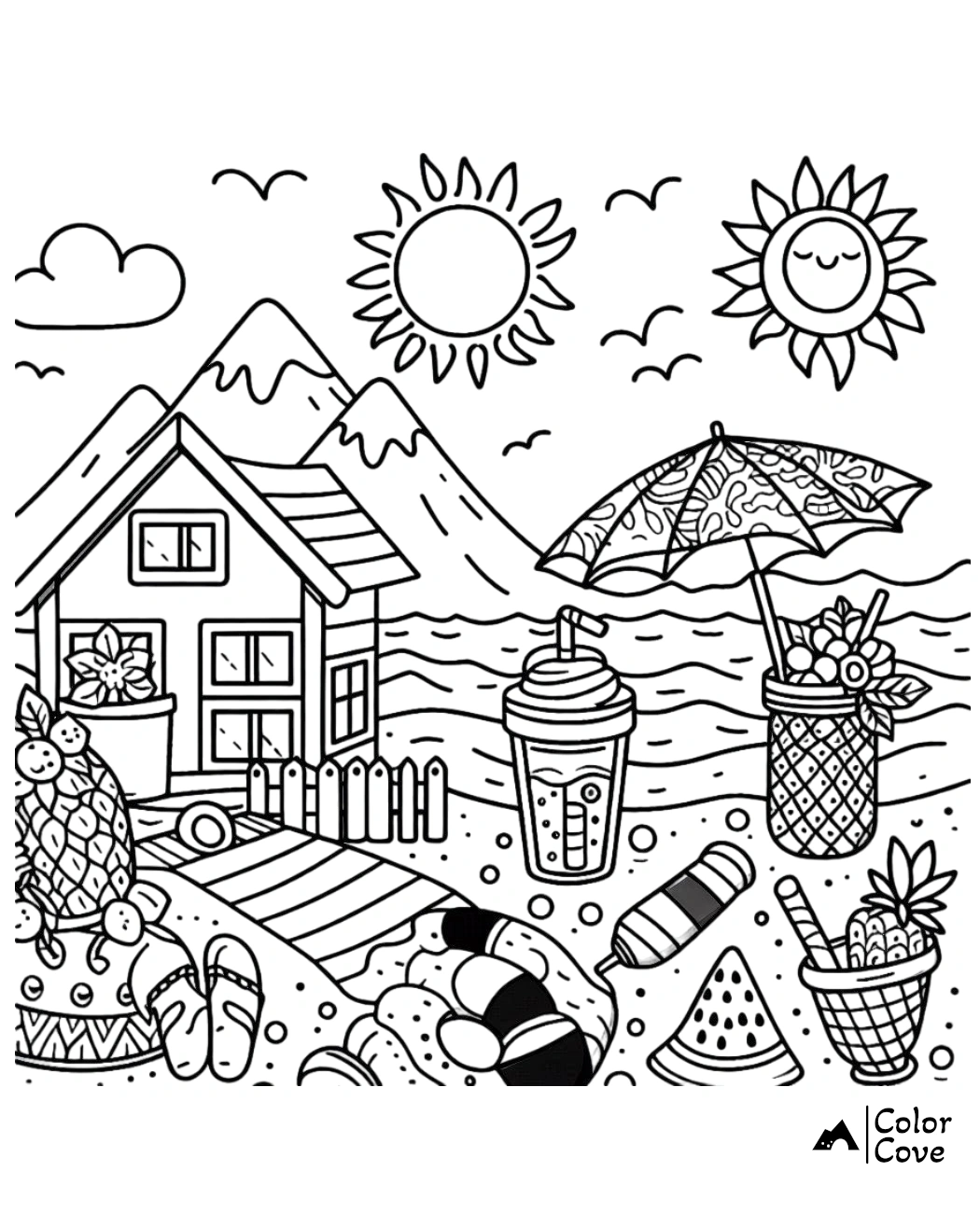 Beach house and mountains coloring page, with sun, waves, umbrella, drinks, and various beach-related items.