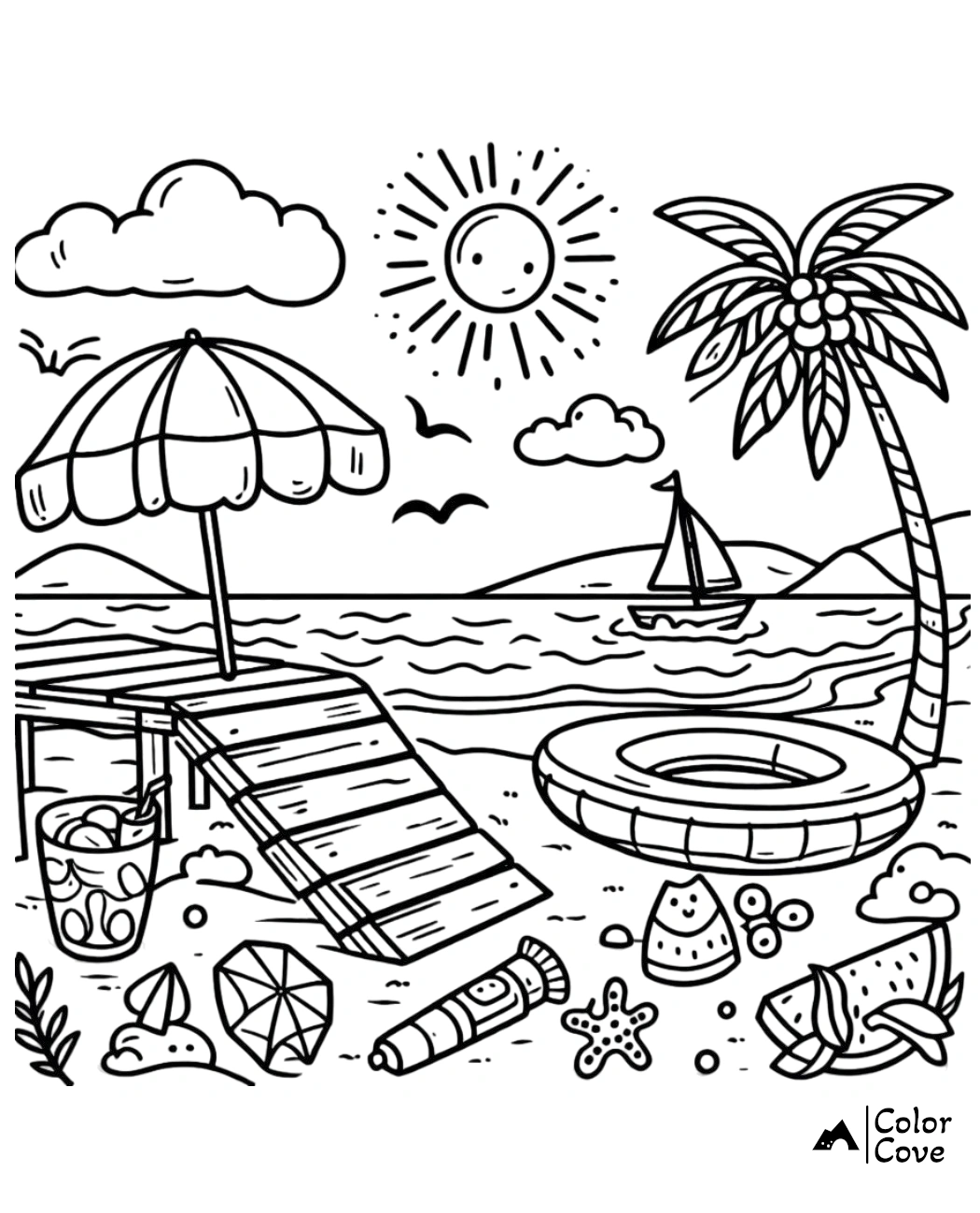 Beach-themed coloring page with umbrella, deck chair, palm tree, and sea. Relaxing summer activity for kids and adults.