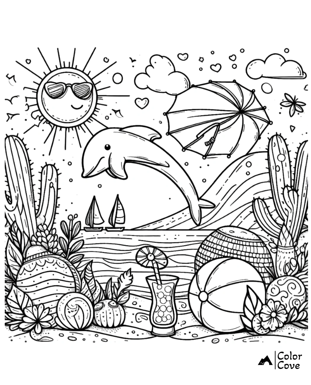 Beach-themed coloring page with dolphin, sun wearing sunglasses, umbrella, cacti, beach balls, and two sailboats on the ocean.