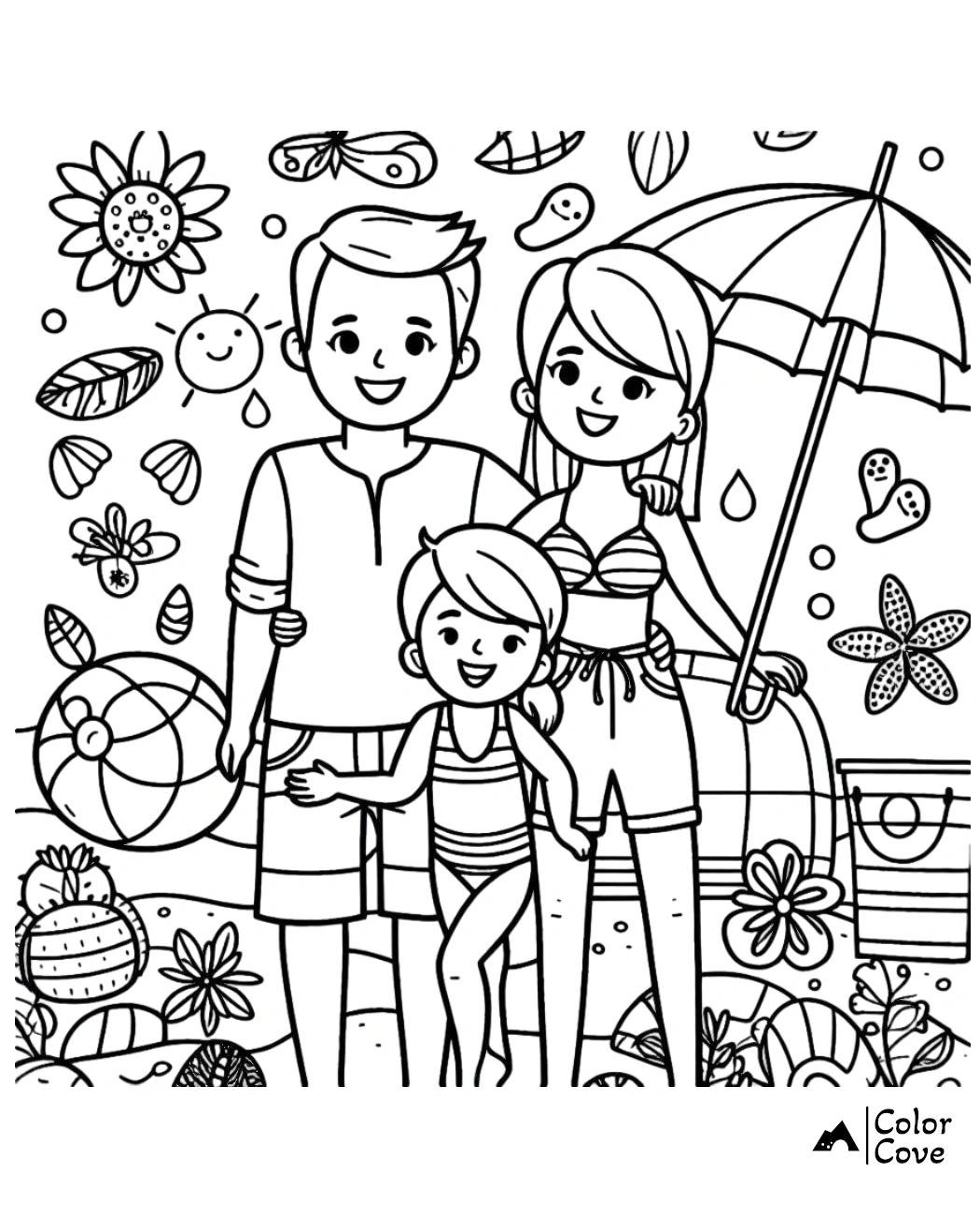 Coloring page of a happy family at the beach with summer elements like flowers, sun, and sea creatures around them.