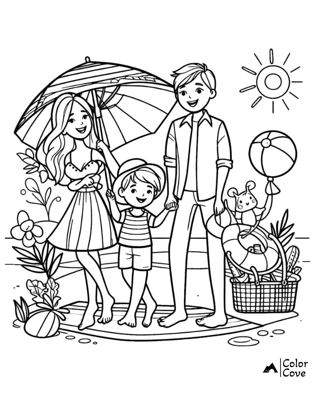 Family beach day coloring page with umbrella, parents, child, sun, and beach toys - Color Cove from ColorCove.com