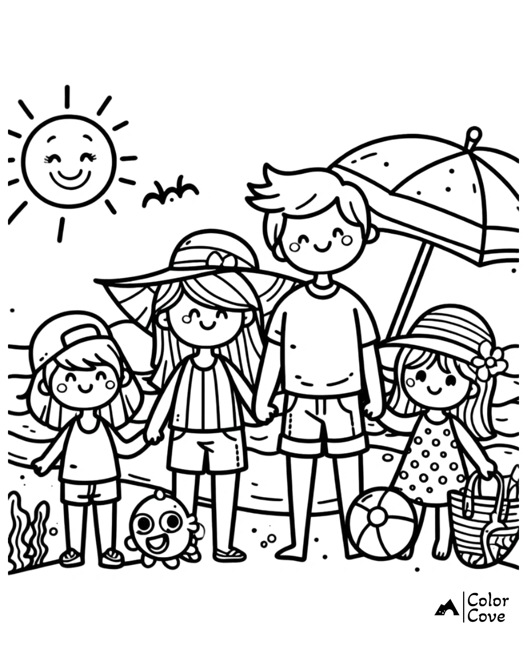 Cute family beach day coloring page with kids, parents, and a fish by the ocean, under a smiling sun and beach umbrella.