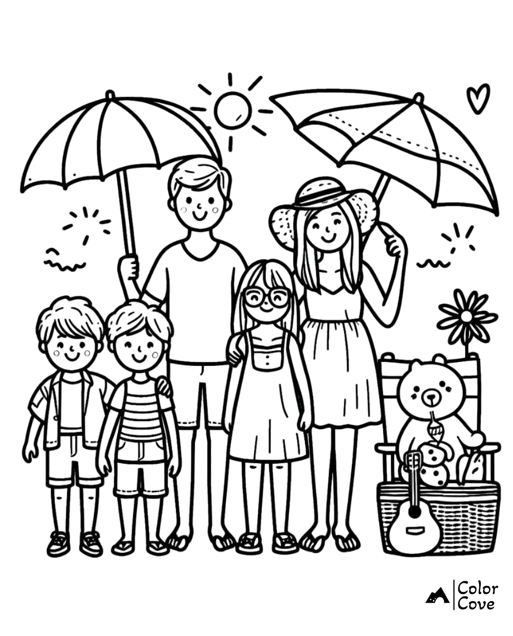 Family beach day coloring page: Parents with kids under umbrellas, sun shining, teddy bear with toys, and picnic basket.