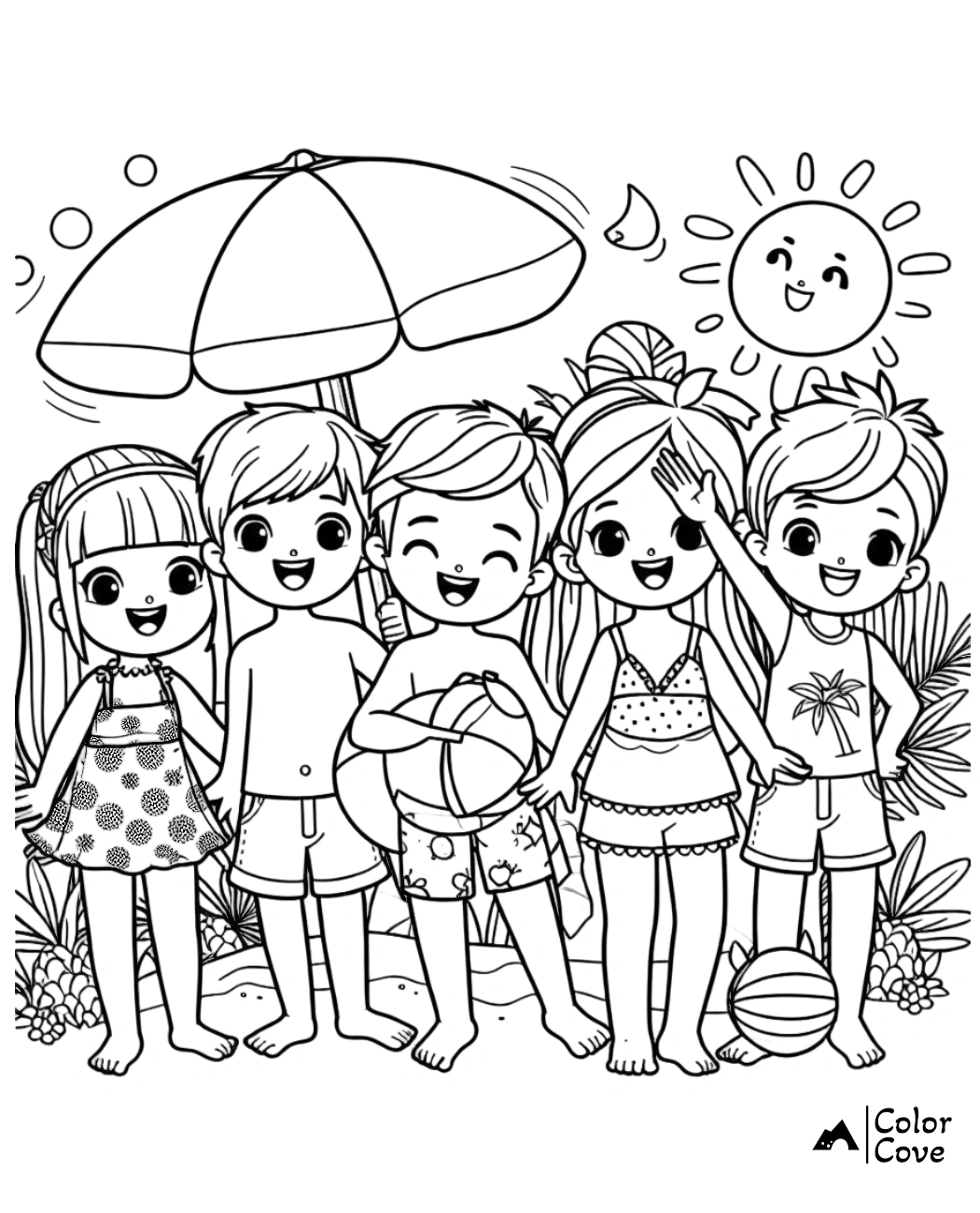 Coloring page of five happy children at the beach with an umbrella, sun, and beach ball. Perfect for kids' summer activities.