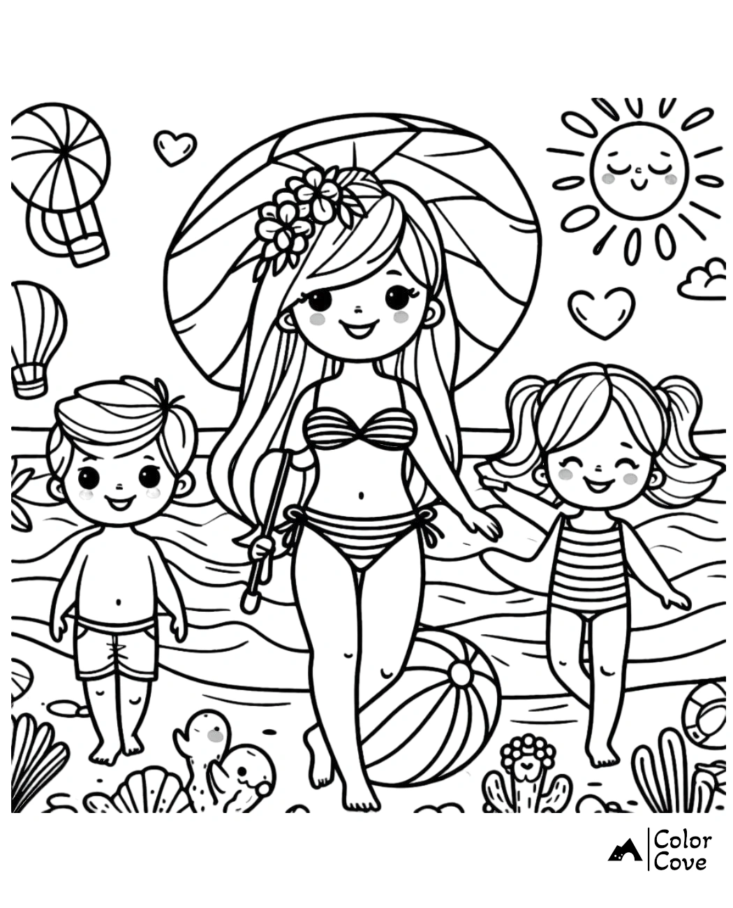 Beach coloring page with a happy family: mom, son, and daughter enjoying the sun, sand, and sea with balloons and seashells.