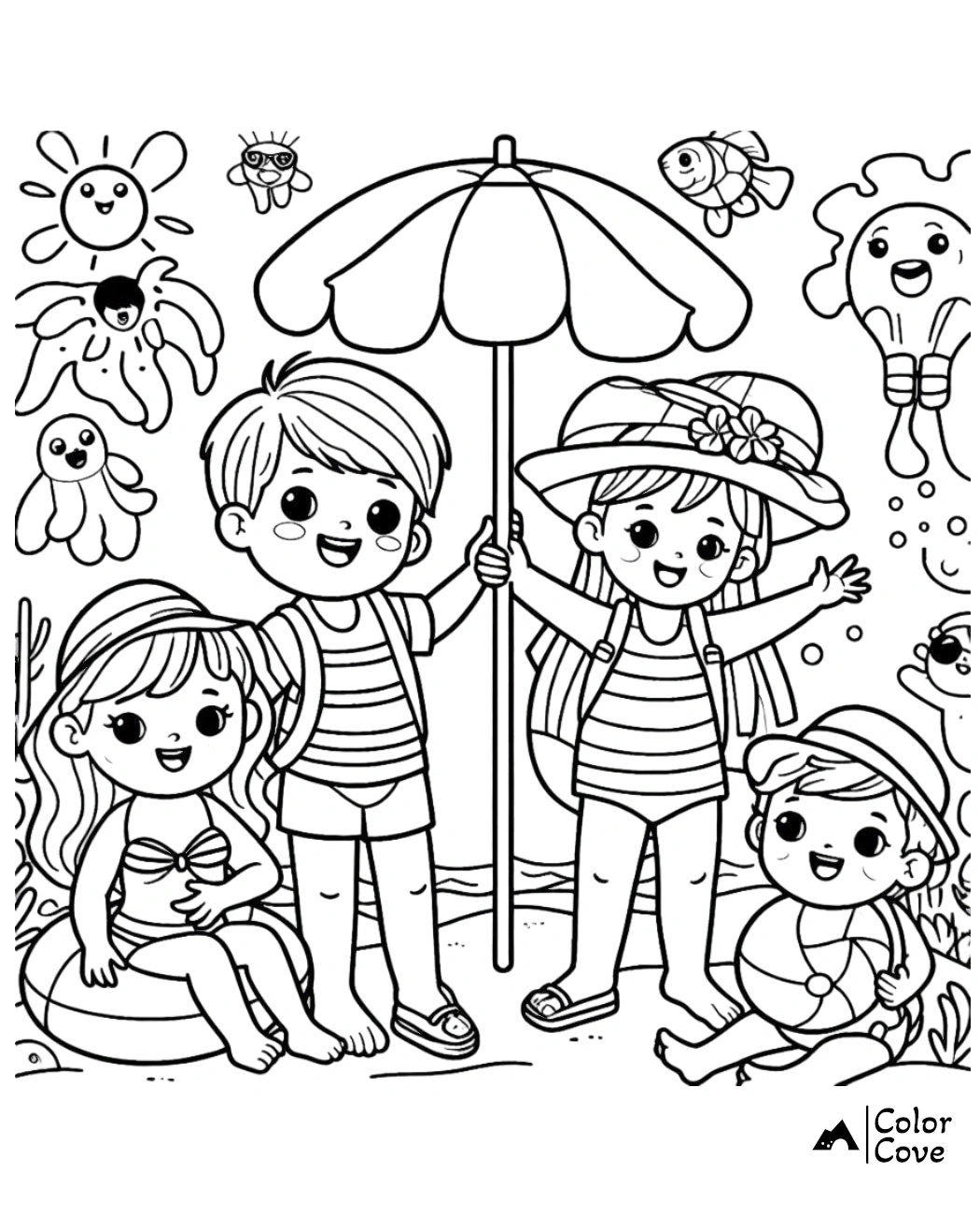 Kids at the beach coloring page featuring children under an umbrella with cute sea creatures in the background.