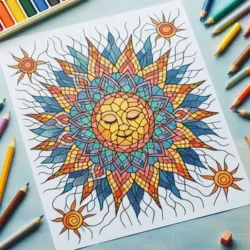 Coloring page featuring a vibrant, intricate sun design with pencils and paints in the background.