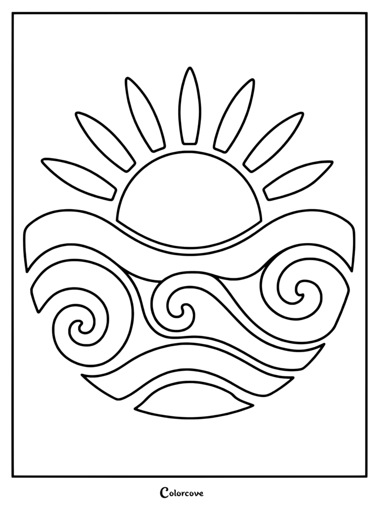 A simple line art coloring page featuring a stylized sun rising above swirling ocean waves.