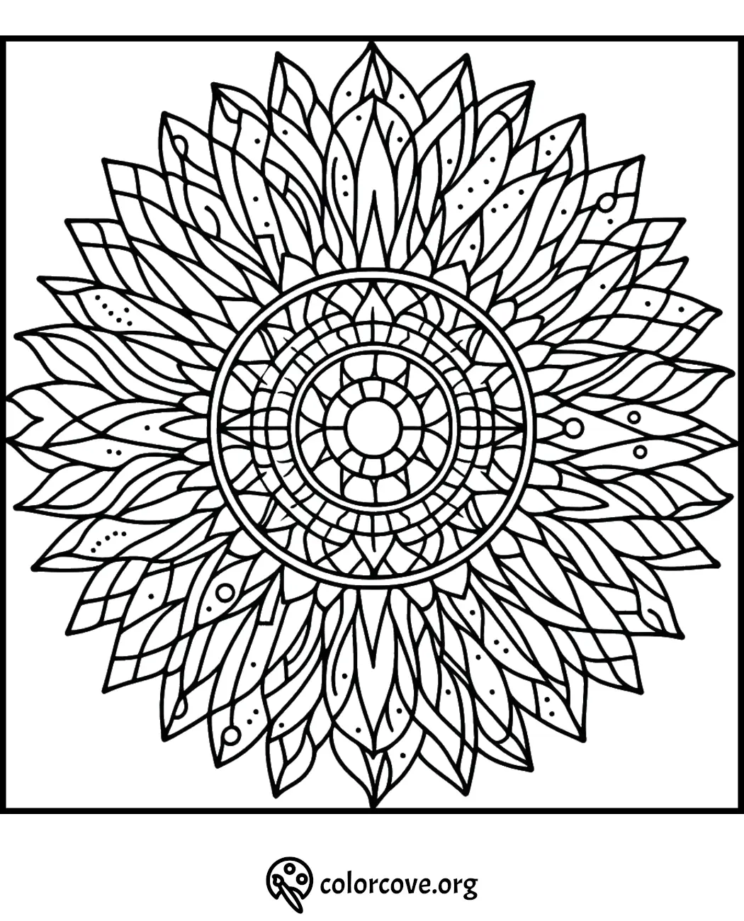 Intricate mandala coloring page with detailed floral patterns for relaxation and creativity.