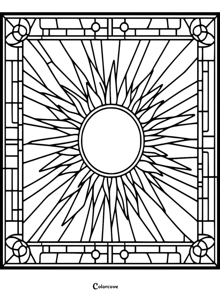 A stained glass style sun coloring page featuring a central sun with radiating beams inside a geometric rectangular frame.