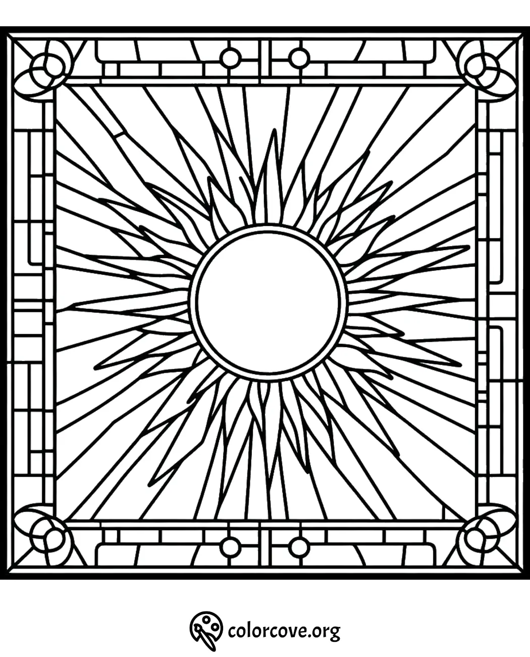 Sun mandala coloring page with intricate geometric patterns for stress relief and creativity.