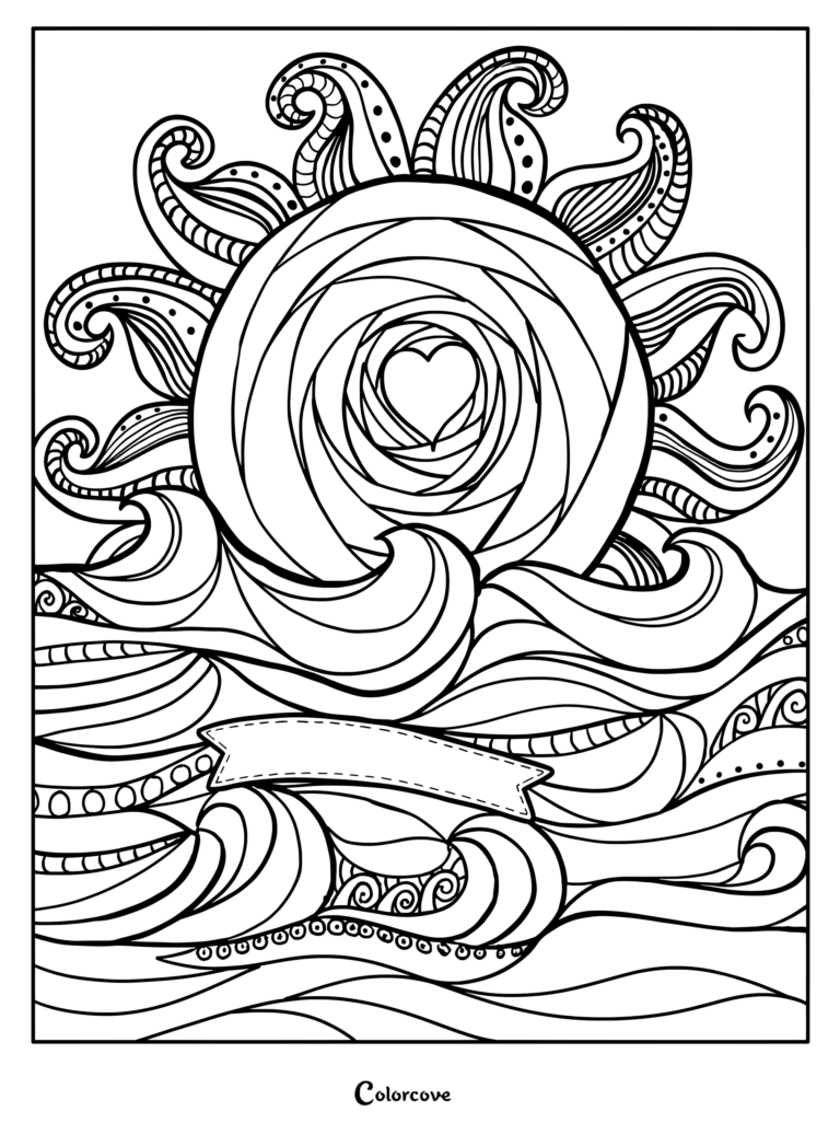Intricate coloring page featuring a stylized sun with a central heart motif rising above swirling ocean waves and a blank banner.