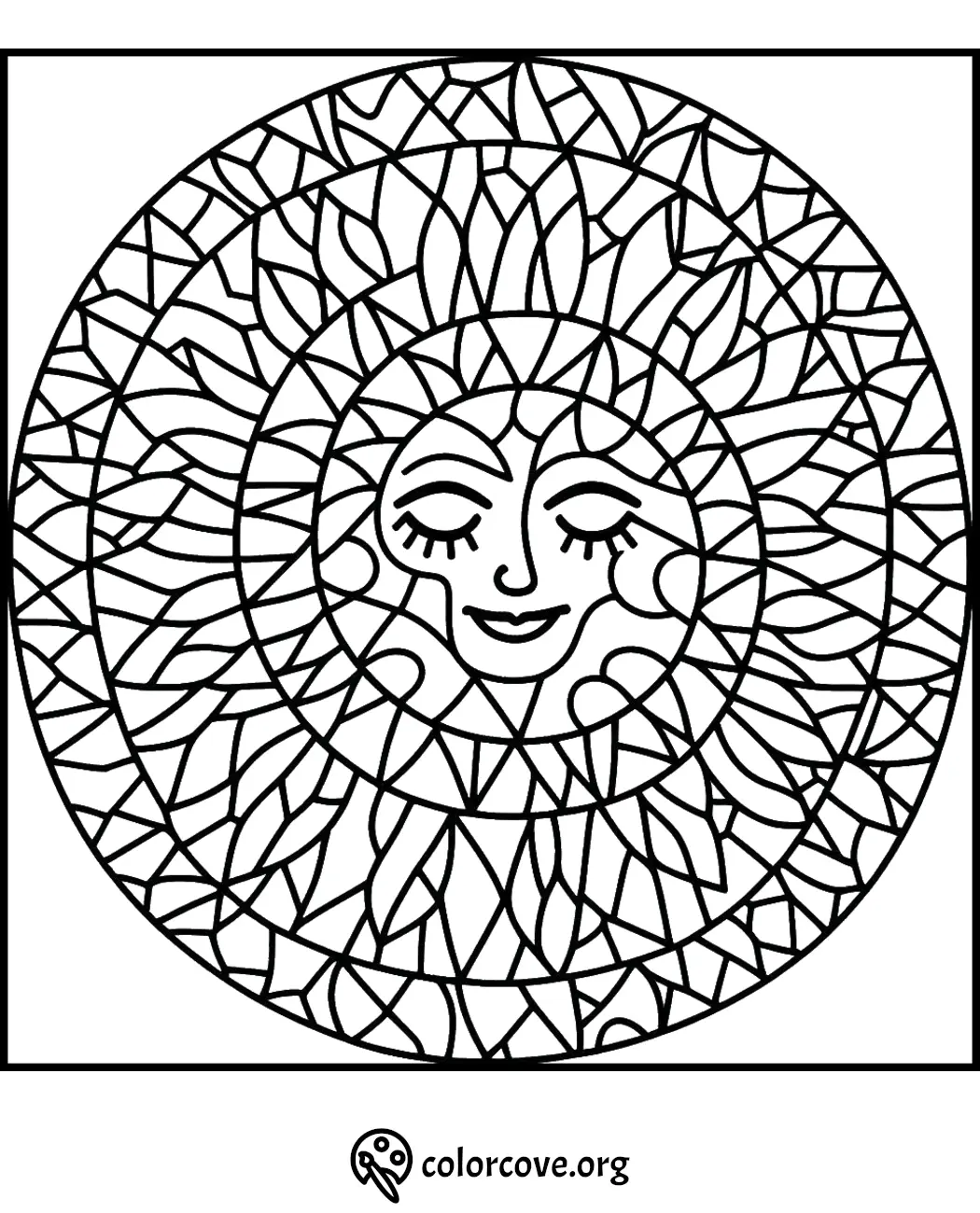 Sun mandala coloring page with intricate patterns and smiling face design. Perfect for relaxation and creativity.