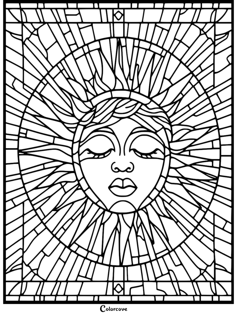 Stained glass style sun coloring page featuring a serene face with closed eyes surrounded by radiant sunbeams.