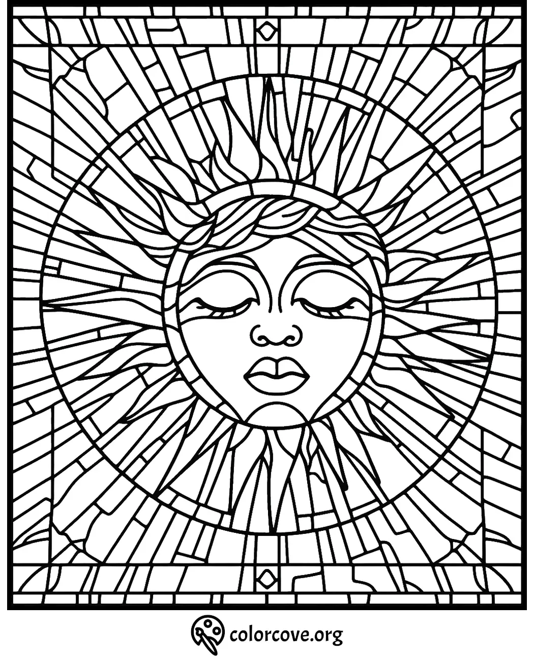 Stained glass sun face coloring page with intricate geometric patterns for relaxation and creativity.