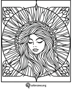 Intricate coloring page of a serene face with flowing hair and a mandala background.