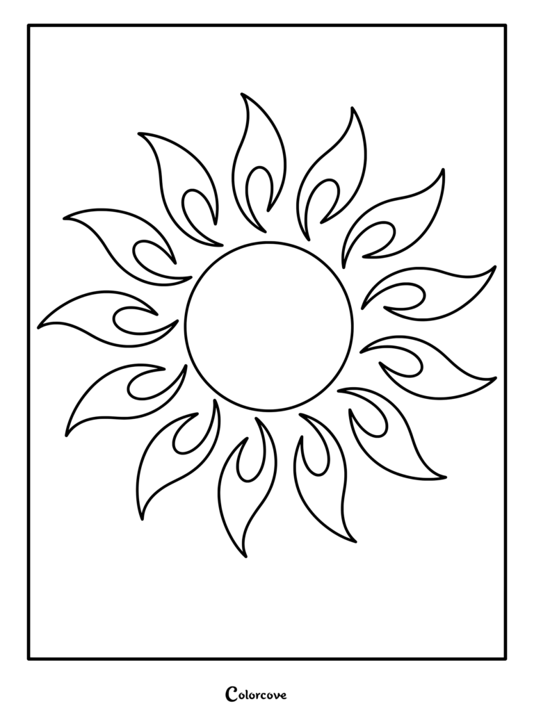 A simple sun coloring page featuring a circular center surrounded by twelve stylized flame-shaped rays.