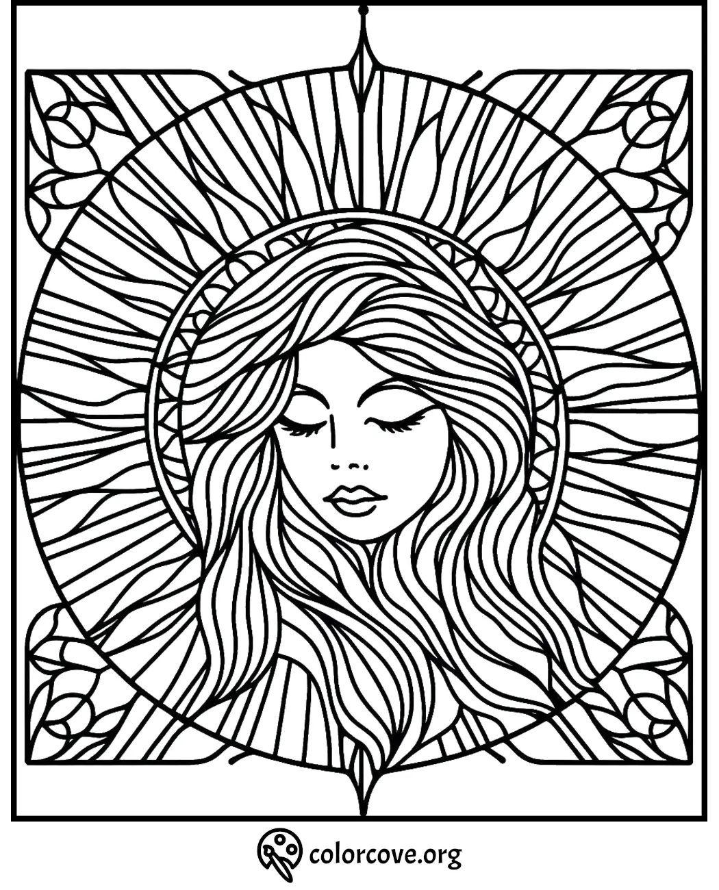 Intricate coloring page of a serene face with flowing hair and a mandala background.