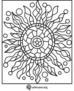 Intricate mandala sun coloring page with swirling rays and circles, perfect for relaxation and creativity.