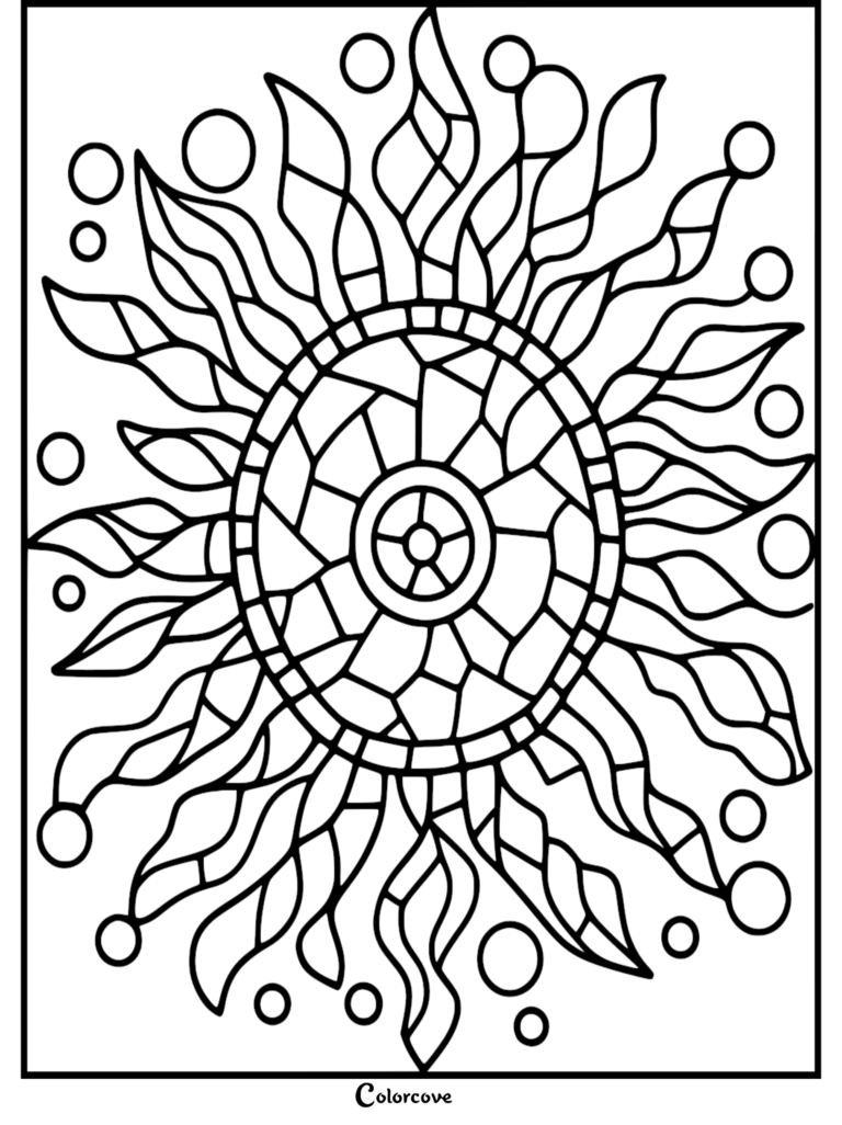 Intricate sun coloring page featuring a geometric mandala center with wavy rays and floating circles.