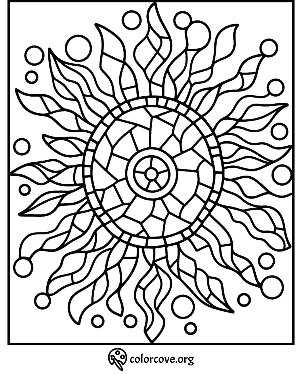 Intricate mandala sun coloring page with swirling rays and circles, perfect for relaxation and creativity.