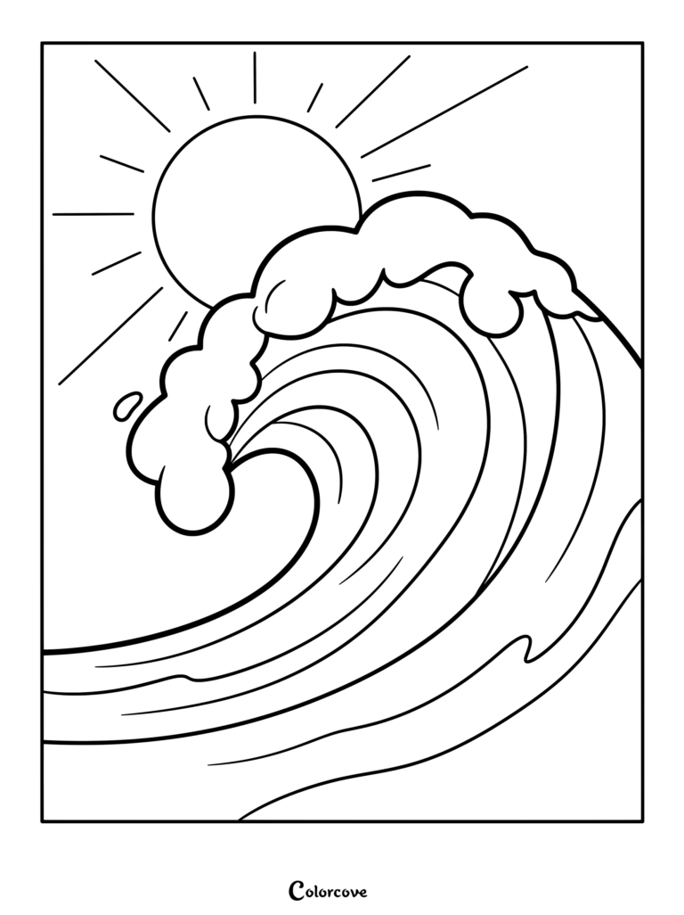 A simple coloring page featuring a bright sun shining behind a large, curling ocean wave.