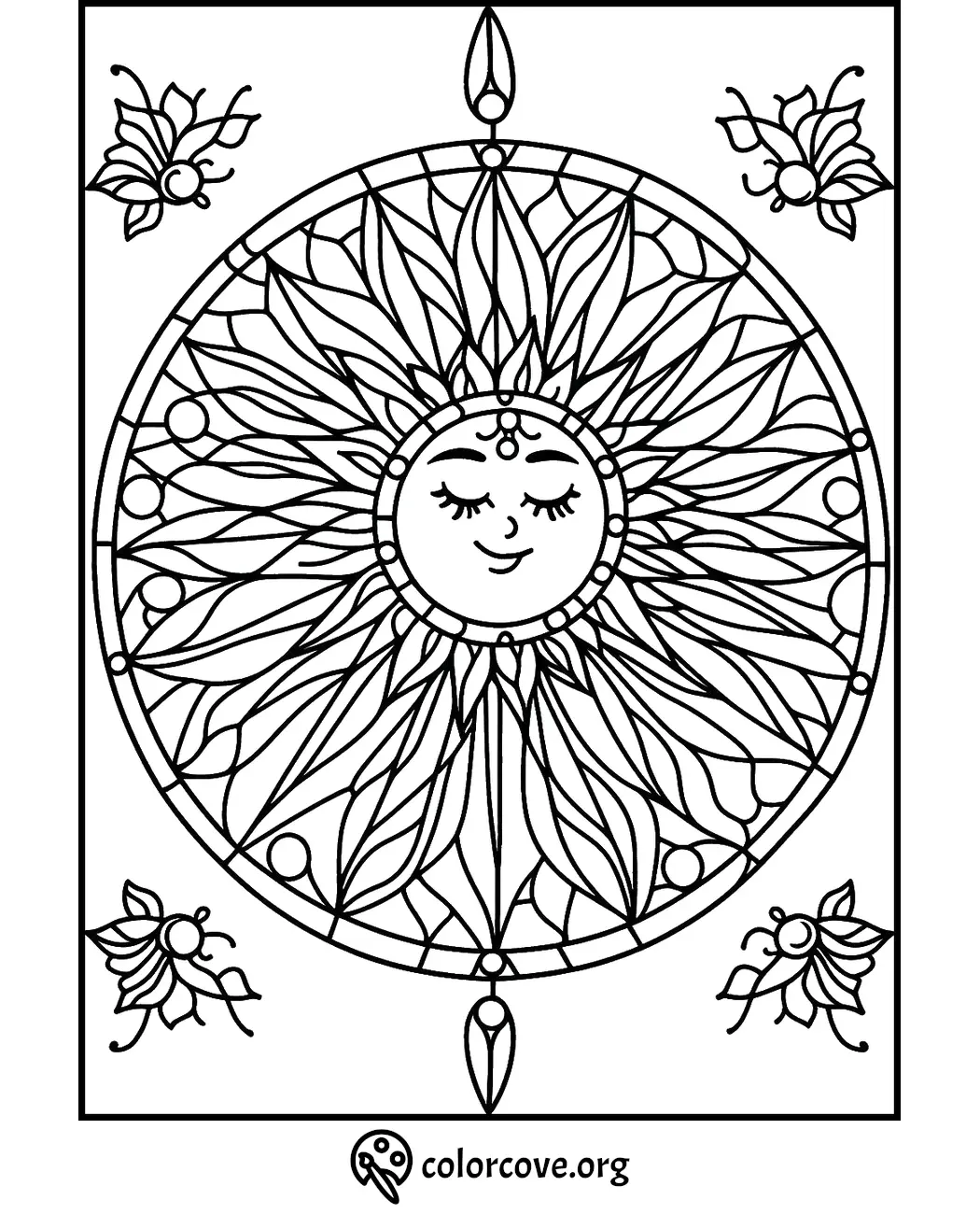 Sun mandala coloring page with intricate designs and floral elements. Perfect for relaxation and creativity.