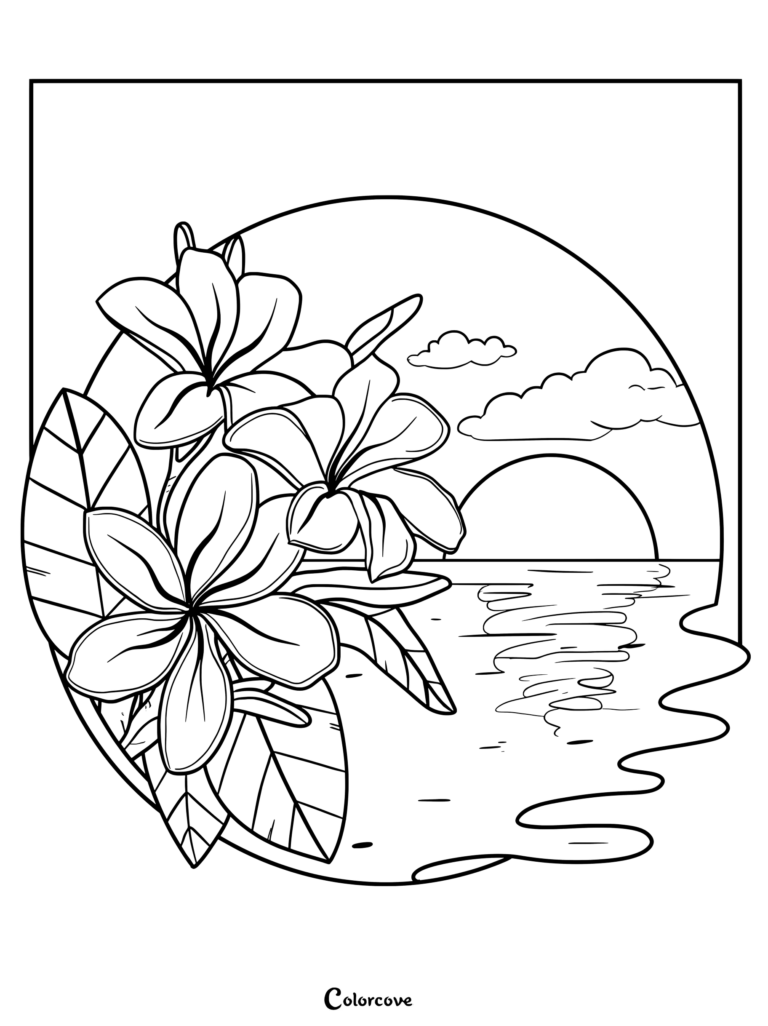 A printable coloring page featuring three plumeria flowers in the foreground with a sunset over the ocean in the background.