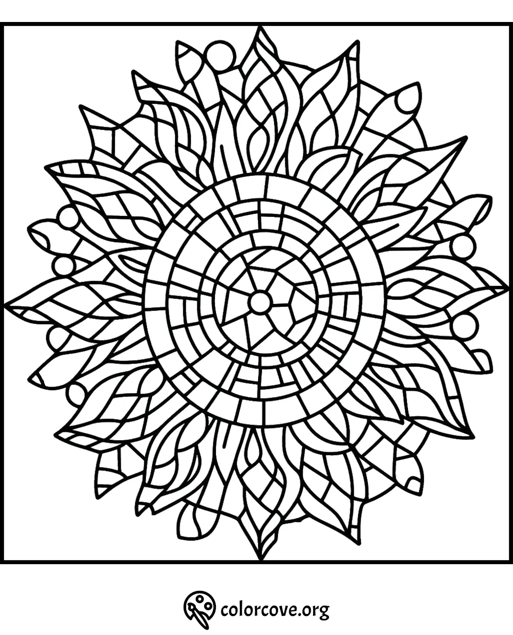 Mandala coloring page with intricate geometric and floral patterns for relaxation and mindfulness.