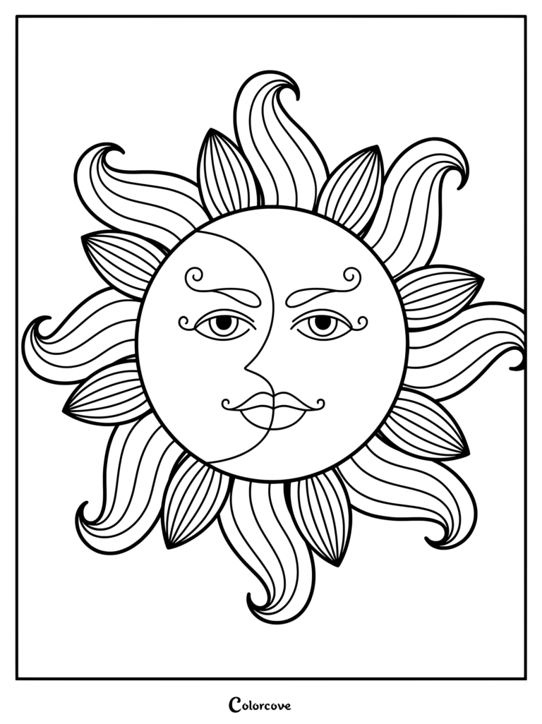 A black and white coloring page featuring a sun and moon combined into a single celestial face with swirling rays.