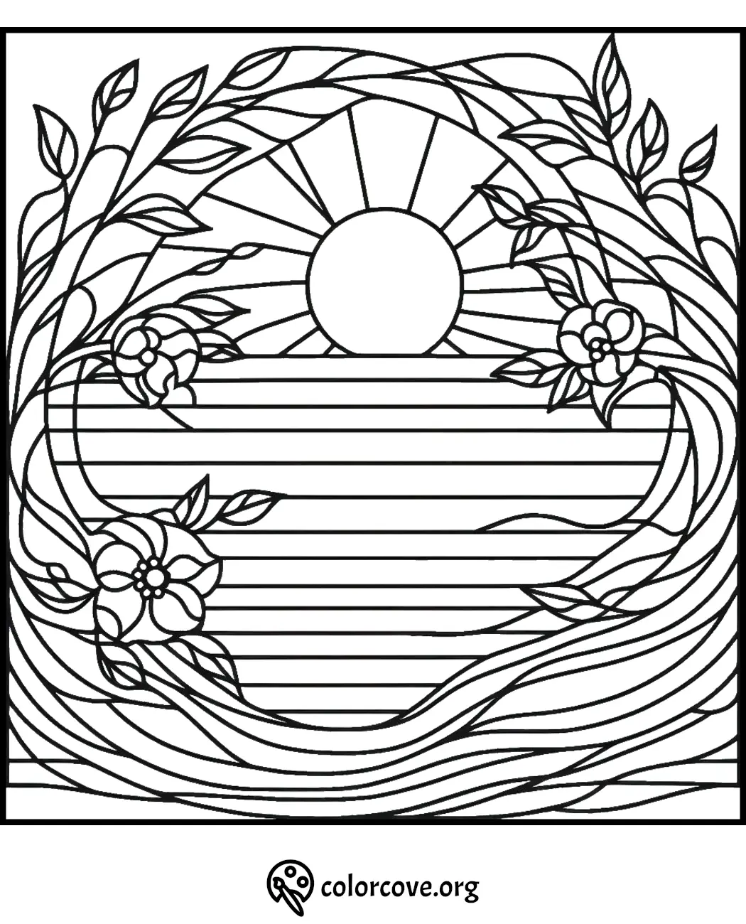 Intricate coloring page with sun, waves, and flowers surrounded by leaves. Perfect for stress-relief coloring enthusiasts.