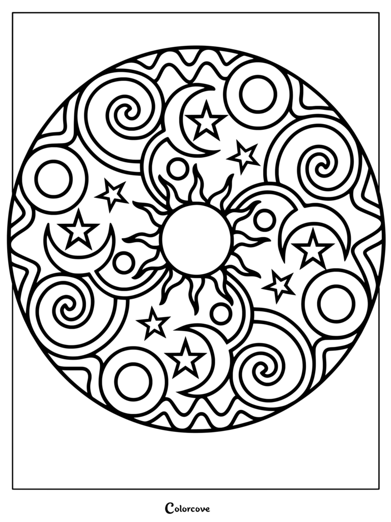 A circular celestial mandala coloring page featuring a central sun surrounded by crescent moons, stars, and swirling patterns.