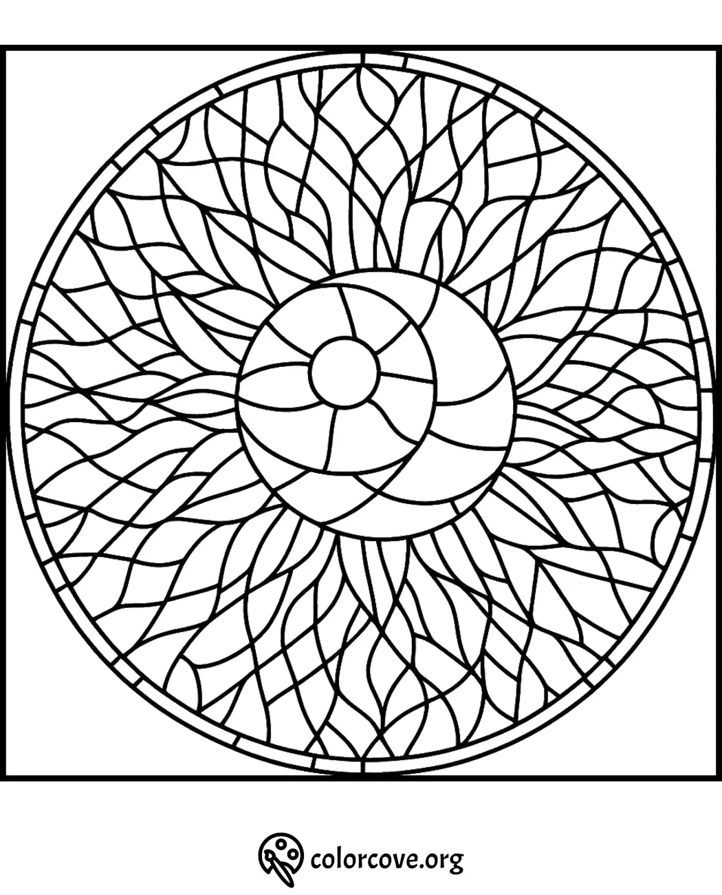 Mandala-inspired coloring page with intricate circular design. Perfect for mindful coloring and relaxation.