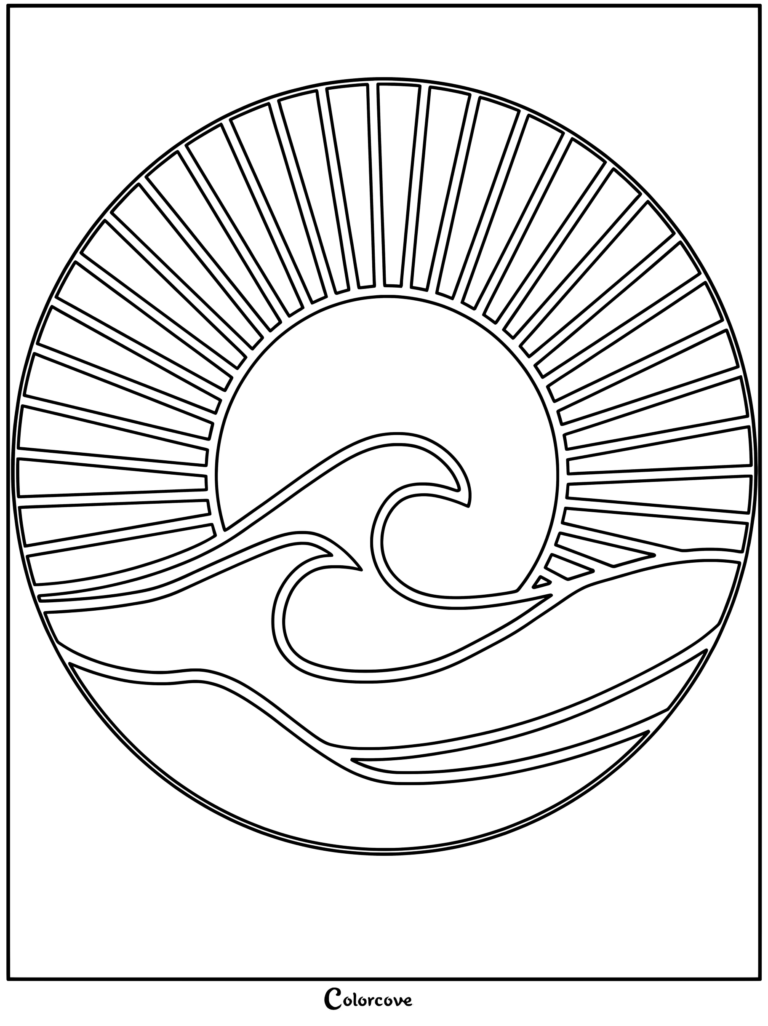 A circular coloring page featuring a stylized sun with radiating beams behind a crashing ocean wave.