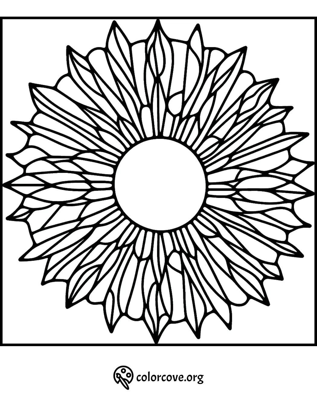 Mandala flower coloring page with intricate petal patterns, perfect for mindfulness and relaxation activities.